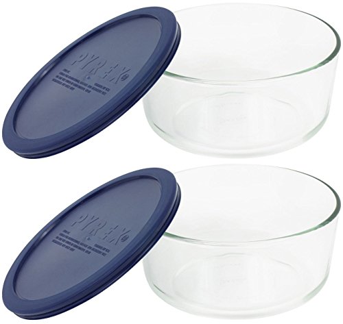 Pyrex Storage 4-Cup Round Dish with Dark Blue Plastic Cover