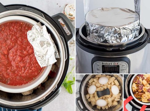 a four-photo collage featuring pot in pot cooking in an Instant Pot. On the left side is an overhead shot looking into a cake pan filled with tomato sauce suspended over meatballs. The top right is a foil-covered pan being lowered into an Instant Pot. The bottom middle is eggs and potatoes on a steamer basket. And the bottom right is raspberry bread pudding on a red Oxo sling before going into the pressure cooker