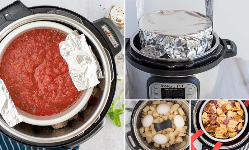 a four-photo collage featuring pot in pot cooking in an Instant Pot. On the left side is an overhead shot looking into a cake pan filled with tomato sauce suspended over meatballs. The top right is a foil-covered pan being lowered into an Instant Pot. The bottom middle is eggs and potatoes on a steamer basket. And the bottom right is raspberry bread pudding on a red Oxo sling before going into the pressure cooker