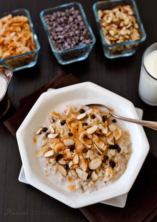 Start your day with a little chocolate! This heart-healthy, creamy, delicious Pressure Cooker Almond Joy Steel Cut Oats recipe is quick and easy to prepare. It\'s topped with sliced almonds, toasted coconut and mini chocolate chips. 