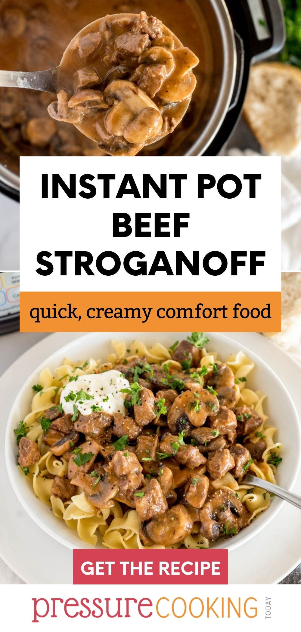This Instant Pot beef stroganoff recipe is a simple and delicious pressure cooker meal made from beef, mushrooms, and gravy for an easy weeknight dinner! Recipe works in the Ninja Foodi, Instant Pot, Power Pressure Cooker, and any other brand of electric pressure cooker. via @PressureCook2da
