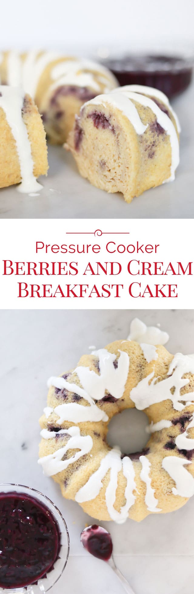 Berries and Cream Breakfast Cake is pretty enough to be called a cake, but healthy enough to call it breakfast! Make mornings special with this 100% whole grain, protein rich breakfast cake recipe for your Pressure Cooker! #instantpot #pressurecooker #breakfastrecipe #cake via @PressureCook2da