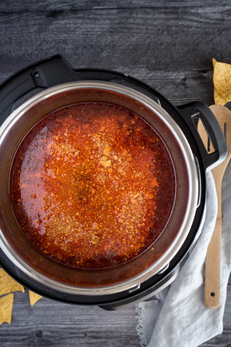 Over head picture of a chili recipe cooked inside an Instant Pot