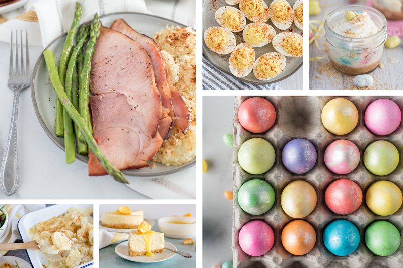 A six-image collage of recipes you can make in your Instant Pot this Easter, featuring a large photo of sliced spiral ham and asparagus and a large photo of dyed Easter eggs in several shimmering colors. Smaller photos appear underneath the ham featuring a wooden spoon holding potatoes au gratin and a white plate with a serving of Lemon Cheesecake. Above the Easter eggs are two smaller photos of Zesty Deviled Eggs and a mini mason jar with mini Easter Cheesecakes with malted-milk Robin Eggs sprinkled above and beneath.