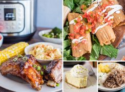 A picture collage of the 50 best Instant Pot Summer recipes including baby back ribs on a plate with corn on the cob and potato salad in front of an Instant Pot, pork tamales on lettuce with sour cream and tomatoes on top, a slice key lime pie with whipped cream on top, and kalua pork on a plate with rice pineapple and macaroni salad.