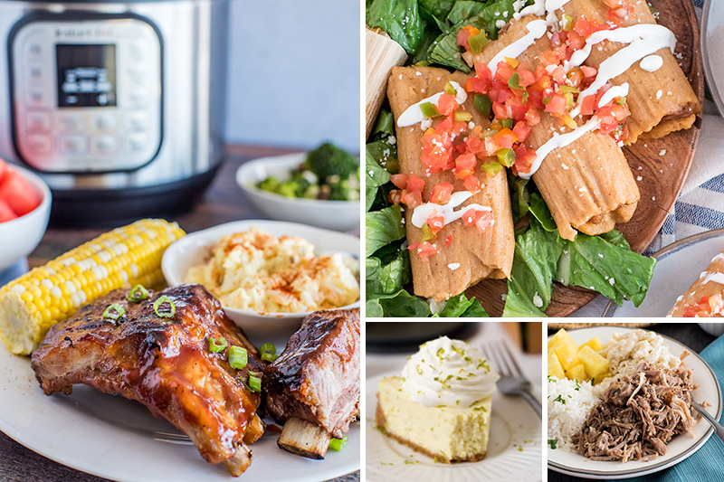 A picture collage of the 50 best Instant Pot Summer recipes including baby back ribs on a plate with corn on the cob and potato salad in front of an Instant Pot, pork tamales on lettuce with sour cream and tomatoes on top, a slice key lime pie with whipped cream on top, and kalua pork on a plate with rice pineapple and macaroni salad.