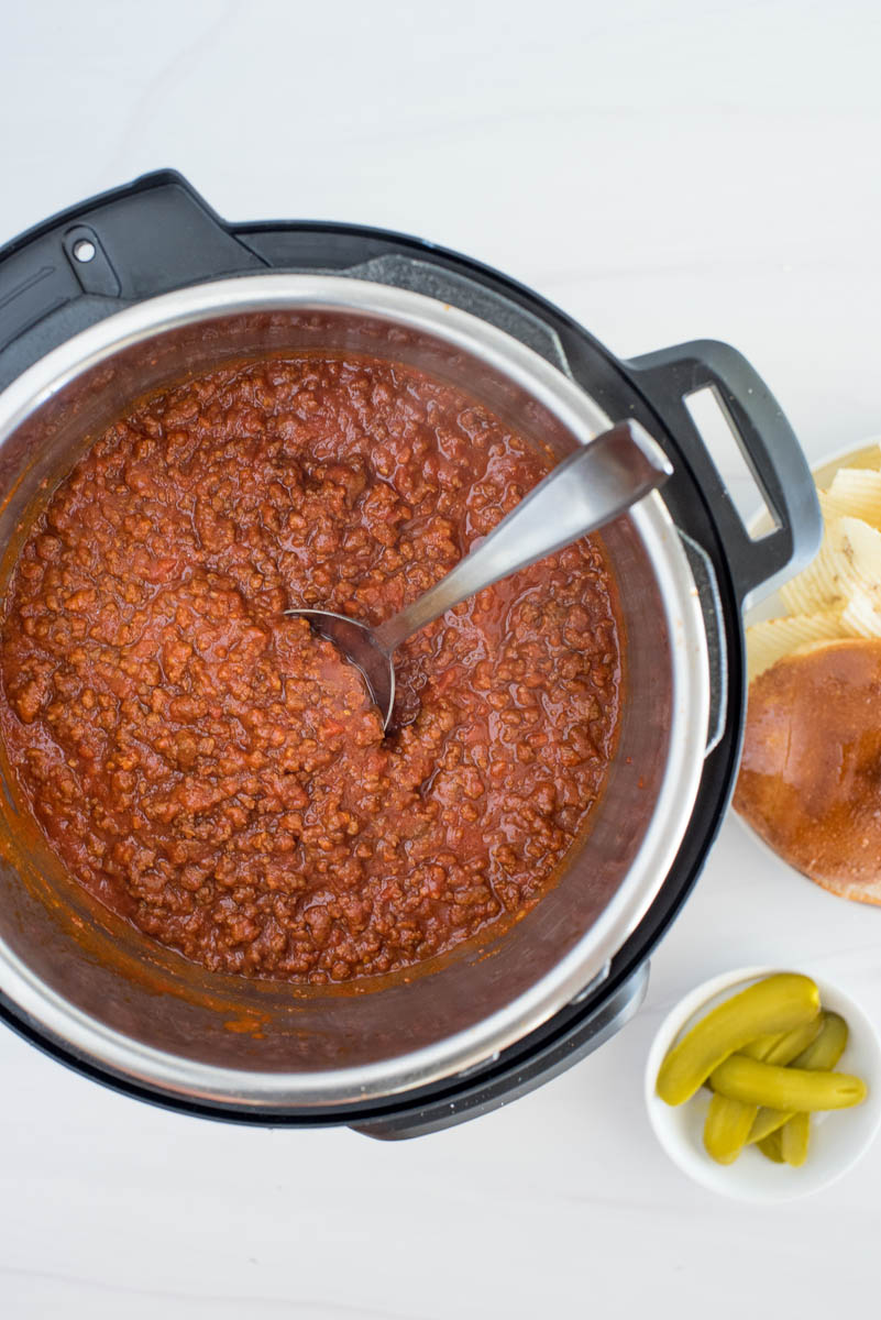 Overhead shot of the sloppy joes cooked in and Instant Pot