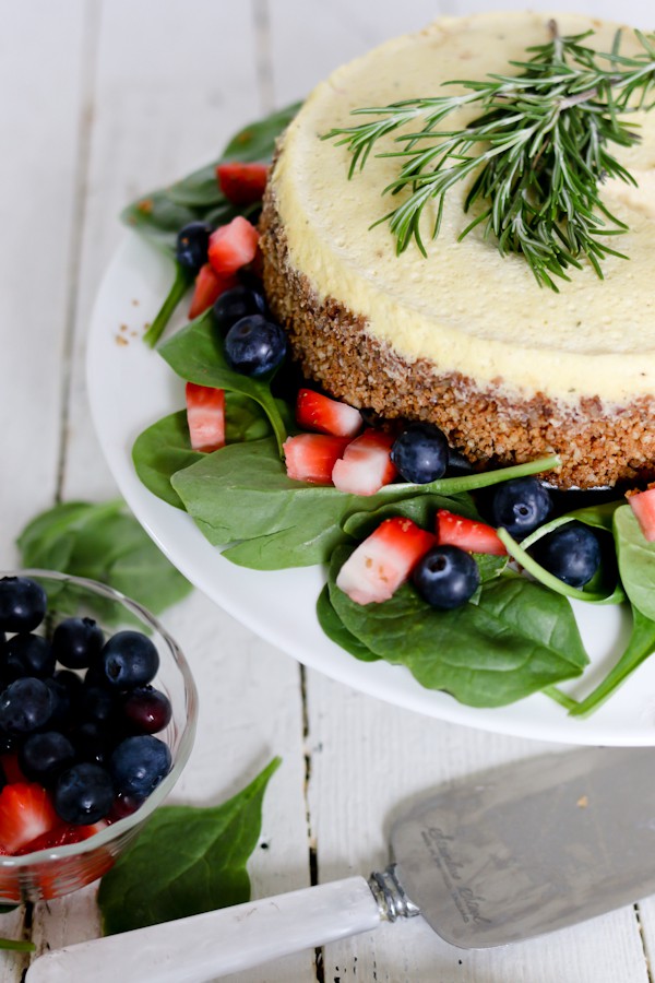 A bowl of fruit and vegetable salad, with Cheesecake and Blue cheese
