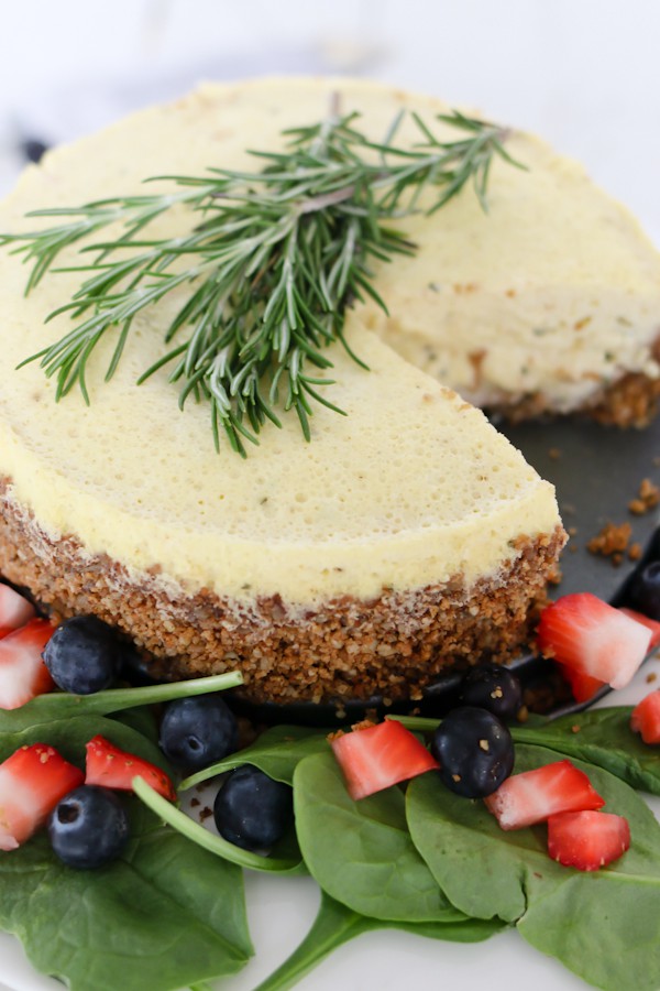 overhead image of a savory cheesecake made with blue cheese