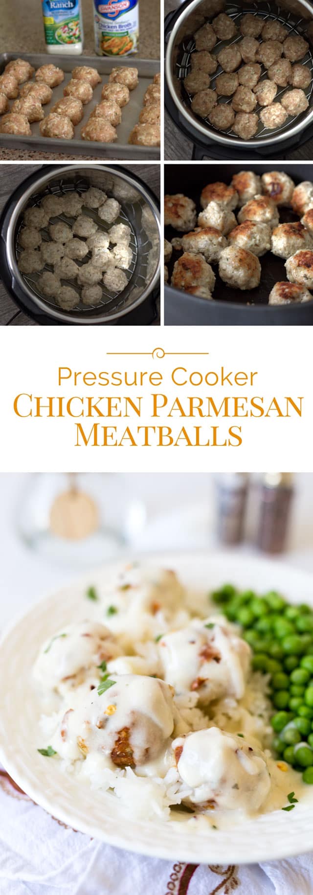 Chicken Parmesan meatballs in creamy ranch sauce is a quick and easy chicken meatballs recipe for your Instant Pot. Pressure cooker chicken Parmesan meatballs are packed with flavor and this cheesy meatballs dinner comes together in a snap. #instantpot #pressurecooker #Italianrecipes #chicken via @PressureCook2da