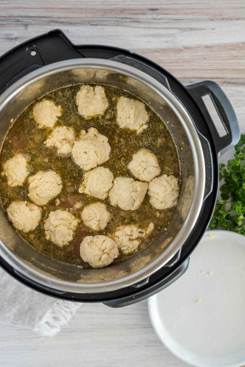 Overhead picture of chicken and dumplings cooked in an Instant Pot.