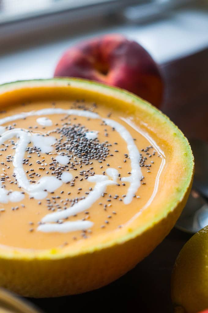 Pressure Cooker Chilled Fruit Soup served in half of a hollowed out cantaloupe