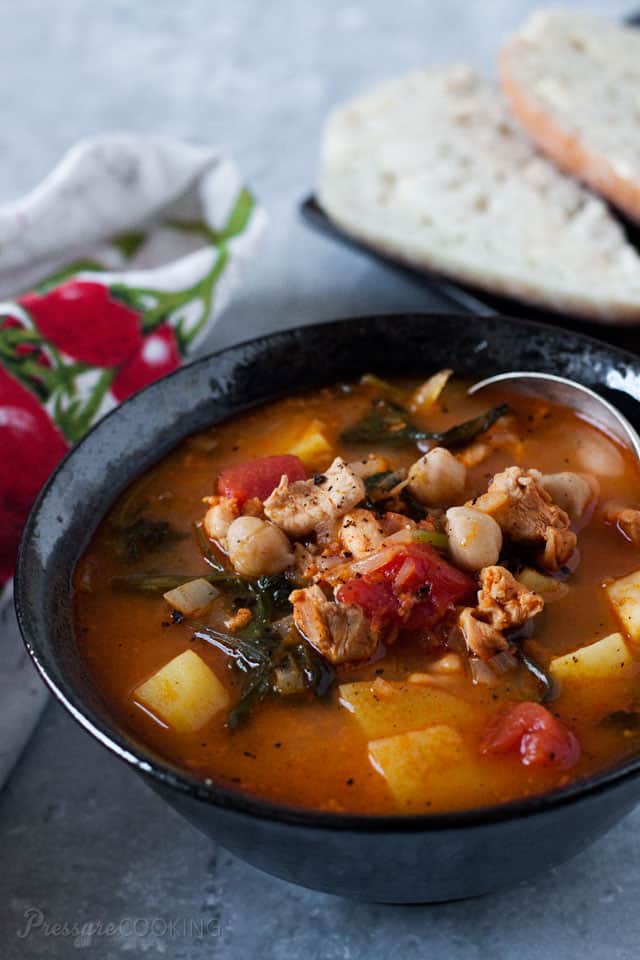 Pressure Cooker Chorizo, Chicken and Kale Soup is a spicy soup loaded with good for you ingredients, garbanzo beans, tomatoes, and kale. 
