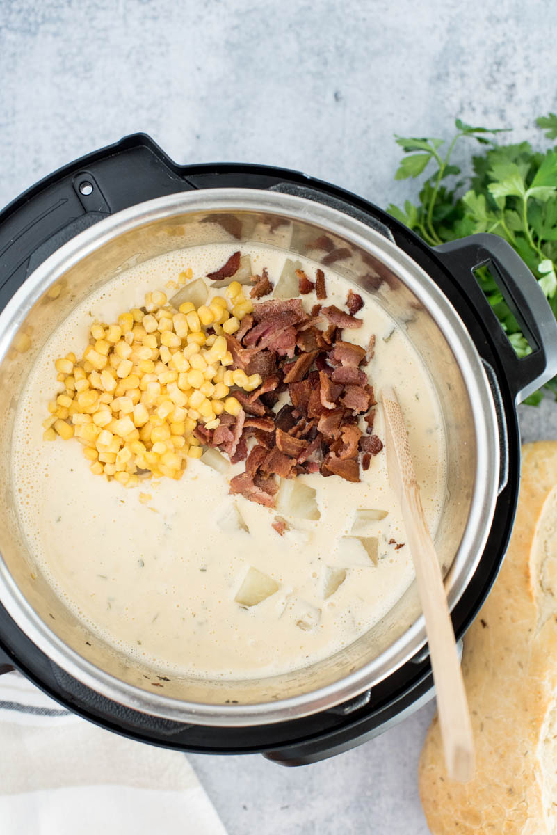 cooking bacon and corn in an instant pot with creamy soup