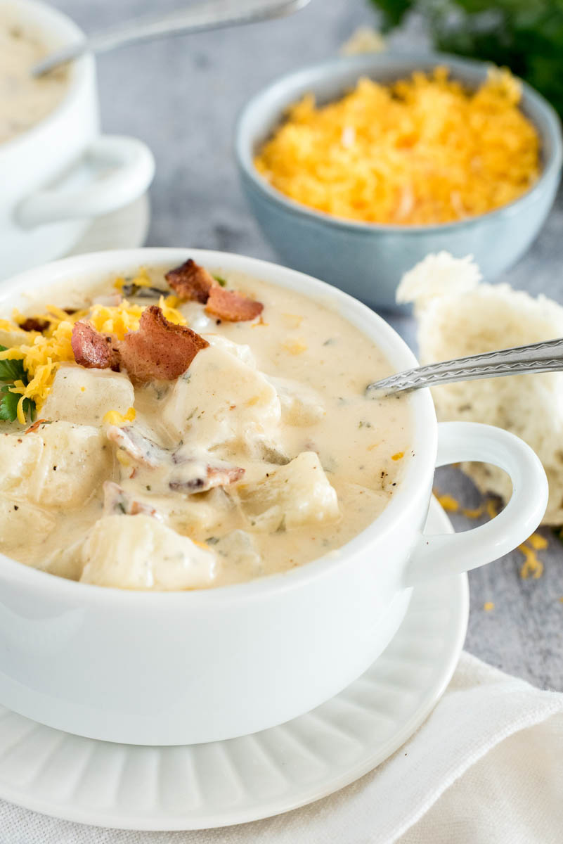 bowl of potato cheese soup with bacon