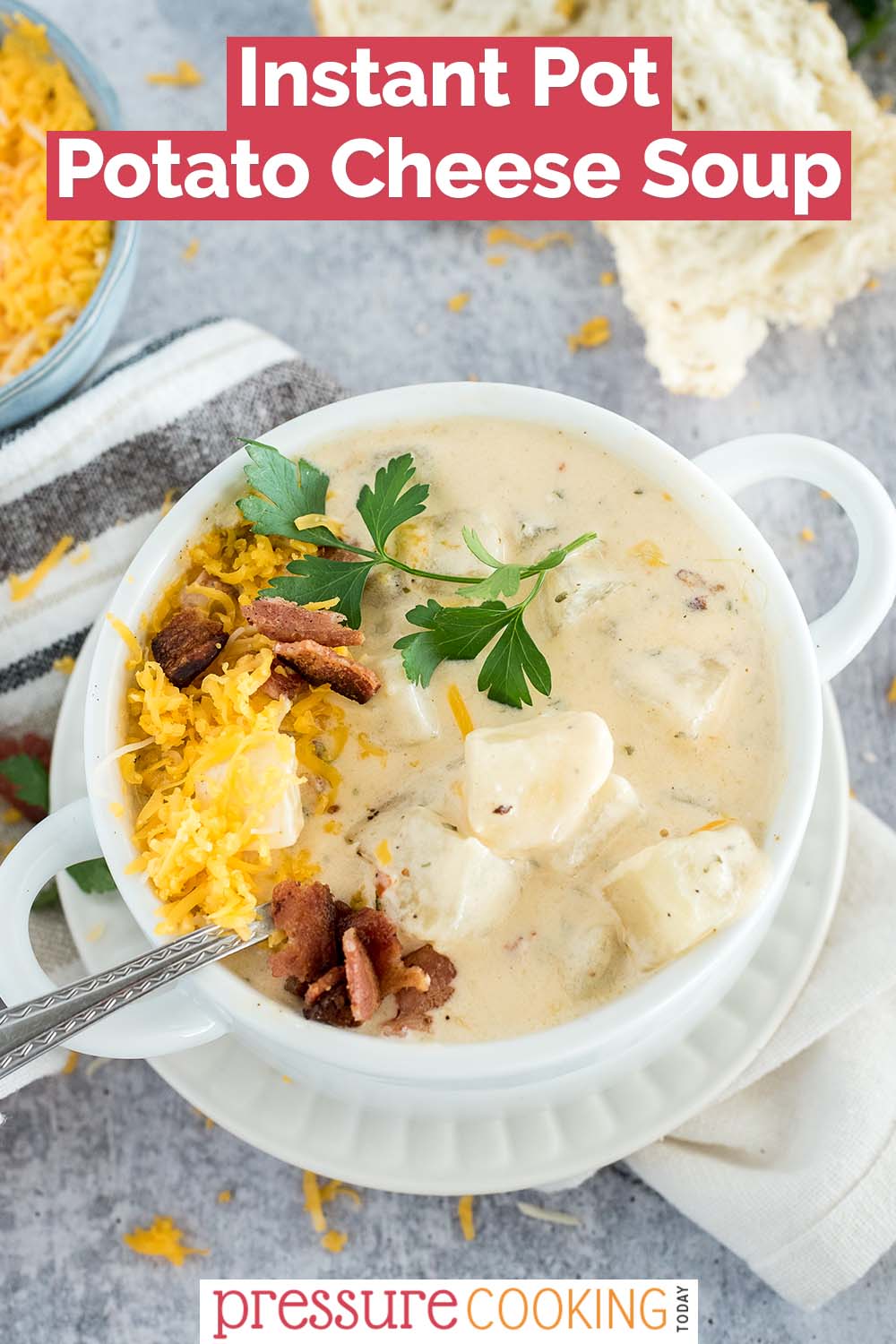Instant Pot Potato Cheese Soup is loaded with chunky potatoes, bacon, corn, and two kinds of cheese for a filling soup that's perfect to make-ahead and via @PressureCook2da