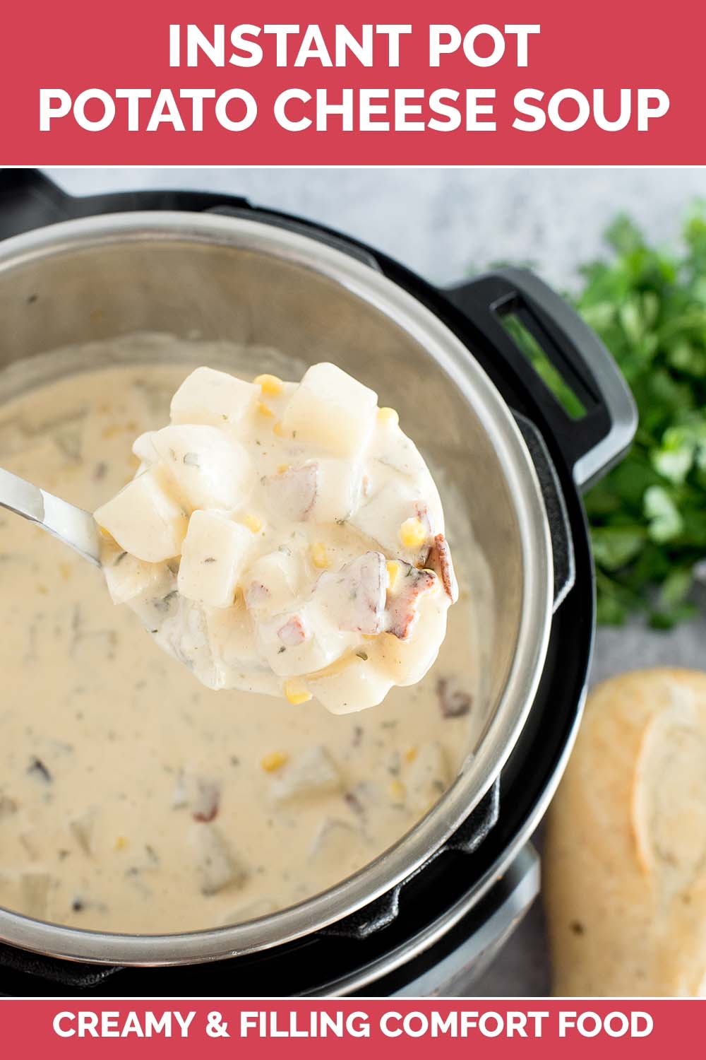Instant Pot Potato Cheese Soup is loaded with chunky potatoes, bacon, corn, and two kinds of cheese for a filling soup that's perfect to make-ahead and via @PressureCook2da