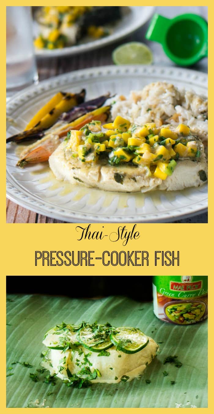 Firm white fish fillets are steamed in banana leaves after a quick soak in a coconut milk and Thai curry marinade. Then the pressure cooker fish is drizzled with marinade and topped with fresh mango salsa. This Thai-Style Pressure Cooker Fish recipe is delicious! #fishrecipe #instantpot #pressurecooker #pressurecooking #Thai via @PressureCook2da