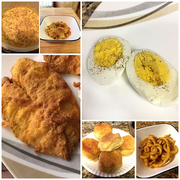 collage of macaroni and cheese, breaded chicken, biscuits, fries, eggs all cooked in the Ninja Foodie