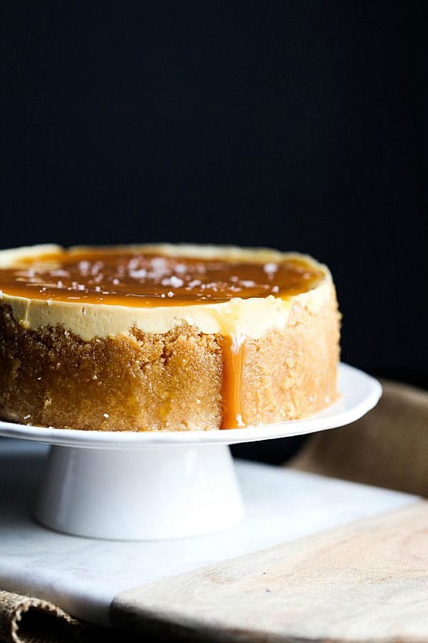 Salted Caramel Cheesecake on a cake stand