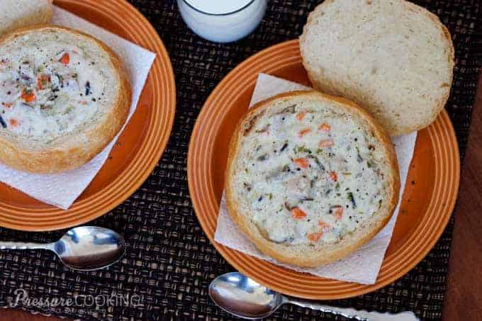 Pressure Cooker (Instant Pot) Chicken and Wild Rice Soup ready to eat in a bread bowl