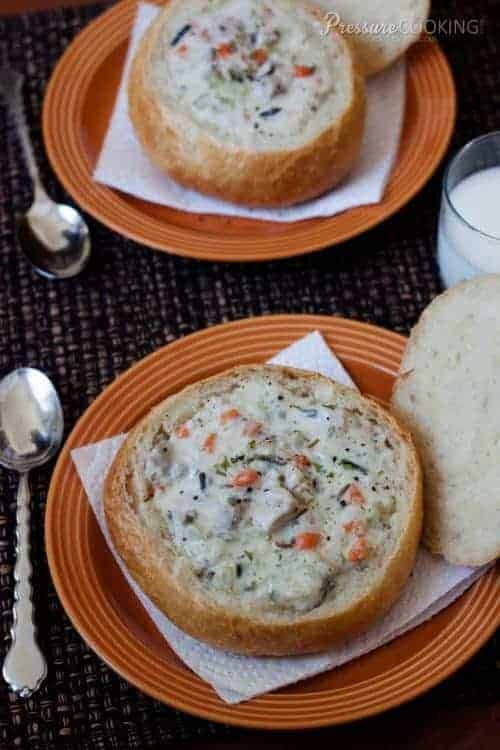 Pressure Cooker Creamy Chicken and Wild Rice Soup in a bread bowl