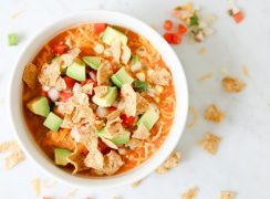 white bowl of Pressure Cooker (Instant Pot) Creamy Enchilada Soup