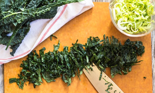 cutting ribbons of fresh kale