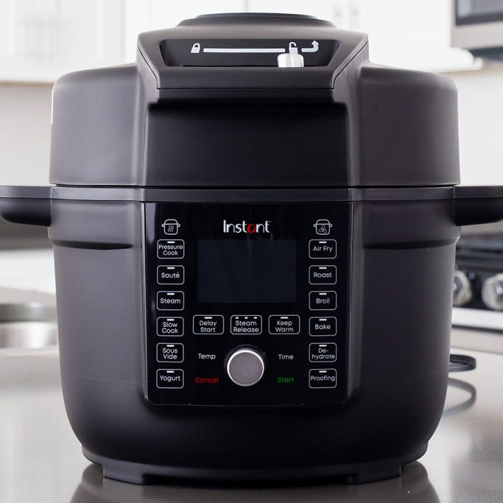 A picture from the front of the Instant Pot Duo Crisp with Ultimate Lid without the display on.