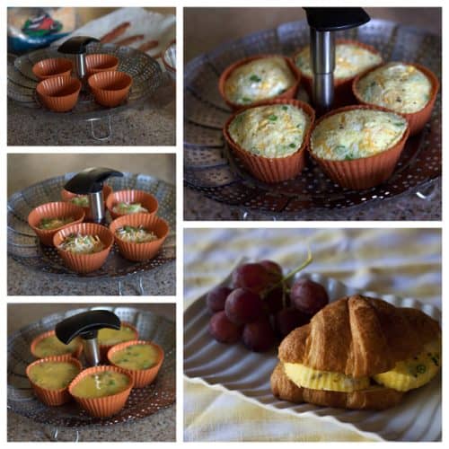 collage of pictures showing egg bites made in a silicone muffin cups