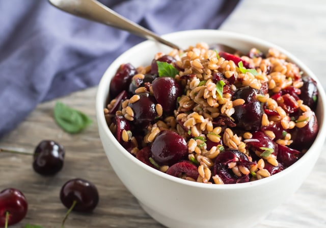bowl of pressure cooker farro and cherry salad, made in an Instant Pot