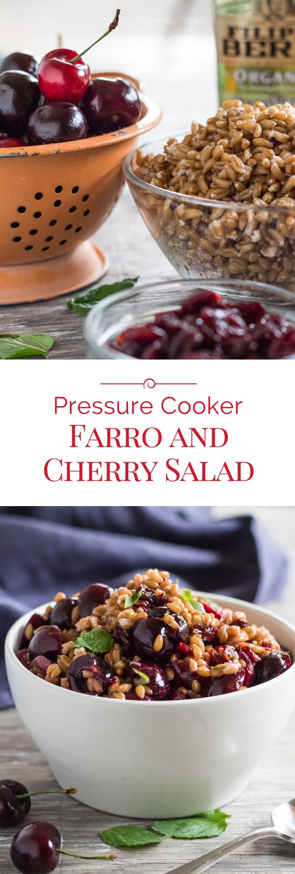 Pressure Cooker Farro and Cherry Salad showcases farro’s nutty chewy texture and the sweet-tart flavor of fresh and dried cherries. Making farro in an Instapot is quick and easy! This recipe for farro salad with cherries is perfect to serve on its own or as a side dish. #pressurecooking #instantpot #farro #saladrecipe via @PressureCook2da