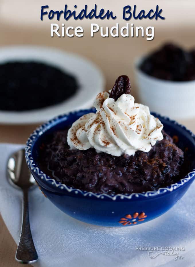 Forbidden Black Rice Pudding with Dried Cherries in a blue bowl topped with whipped cream