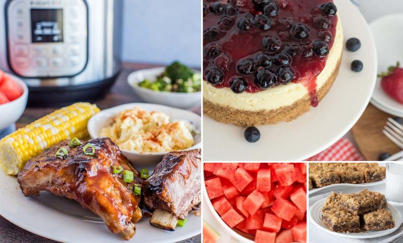 a photo collage featuring a large vertical photo of a plate filled with grilled BBQ baby back ribs, corn on the cob, potato salad, and broccocli, on the right top there is a top-down shot of a white cheesecake topped witha red and blue fruit compote, on the bottom center is a white bowl with watermelon chunks. On the bottom right is a small white plate filled with caramelitas