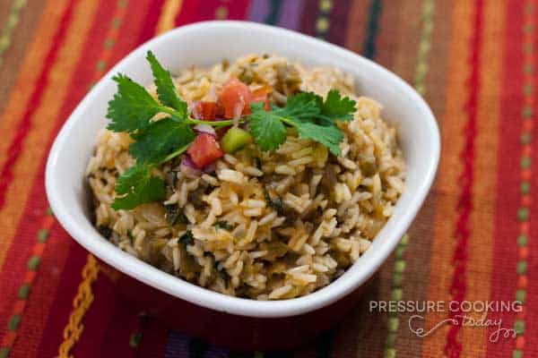 Pressure Cooker (Instant Pot) Green Chile Lime Salsa Rice in a white bowl