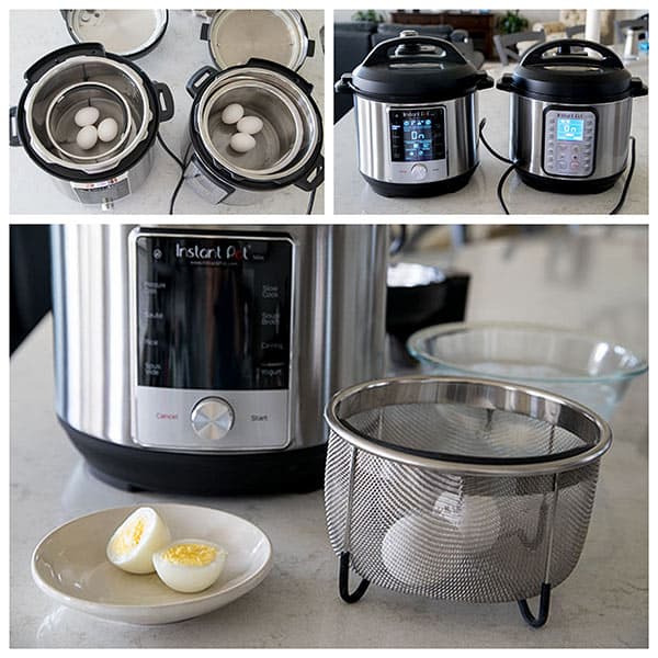 Collage showing the cooking of hard boiled eggs at Max Pressure in the Instant Pot Max