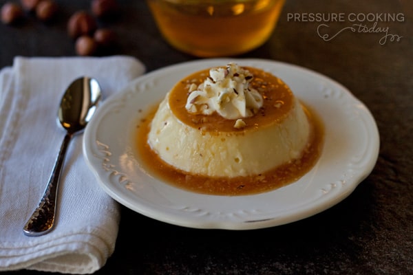 Pressure Cooker (Instant Pot) Hazelnut Flan on a white plate