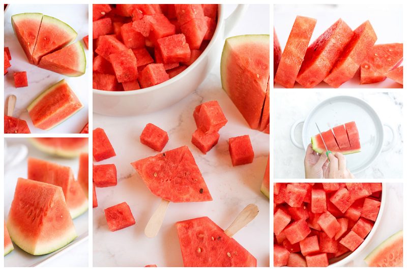 a collage showing different ways to cut and slice watermelon