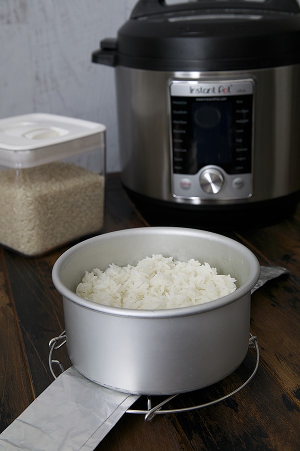 Cooked Rice using the Pot-in-Pot method of pressure cooking in the Instant Pot Ultra