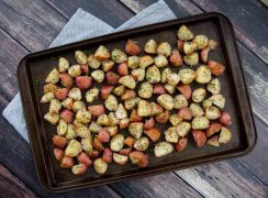 A sheet pan with Instant Pot garlic roasted red potatoes