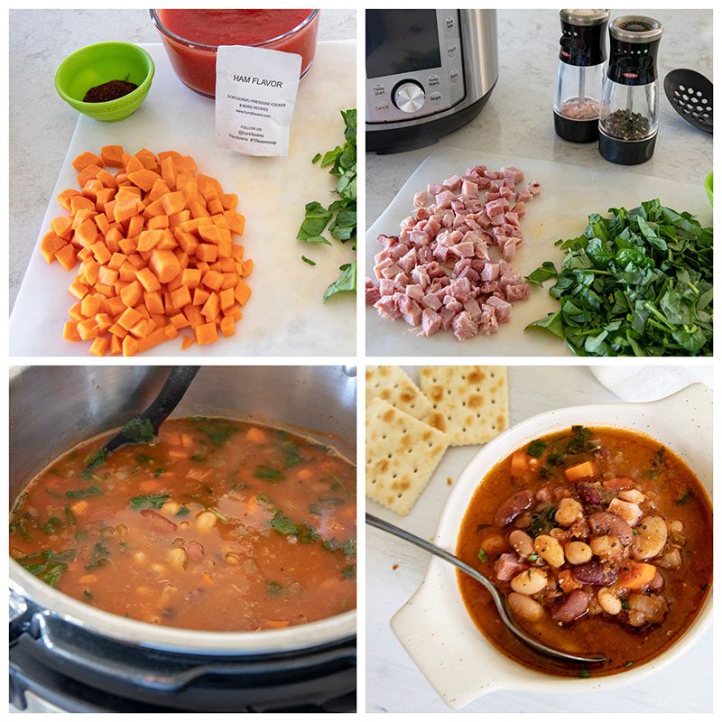 picture collage showing the adding of ham and veggies to Hursts Hambeen 15 Bean Soup