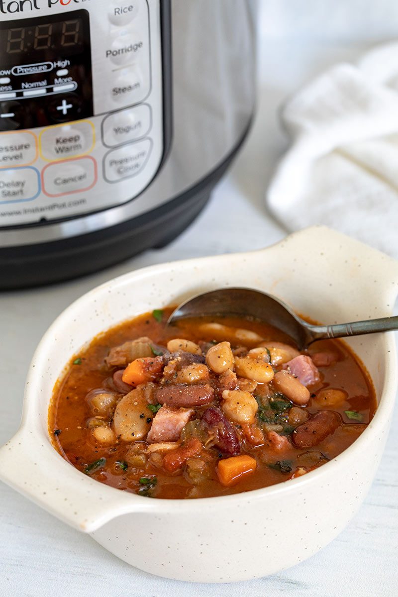 Pressure Cooker / Instant Pot 15 Bean Soup in a bowl with an Instant Pot