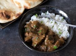 Pressure Cooker (Instant Pot) Beef Curry on a plate with rice