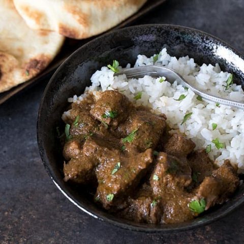 Pressure Cooker (Instant Pot) Beef Curry on a plate with rice