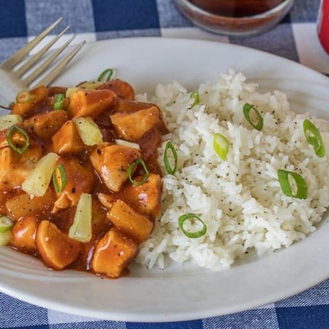 Pressure Cooker (Instant Pot) Hawaiian BBQ Chicken served with rice