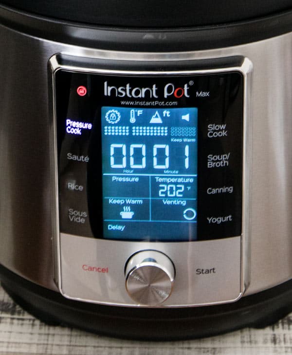 LCD touch screen display. The LCD screen is easy to read, easy to use, and gives you lots of information about what’s going on inside the pressure cooker.
