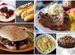 picture collage of instant pot ribs, pulled pork, cheesecake, potato salad, and chili dogs