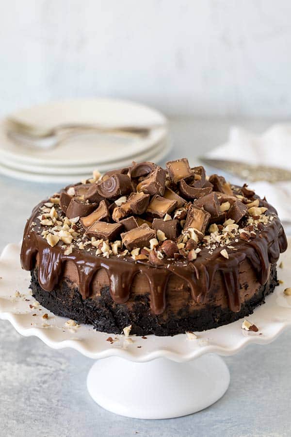 A rich, creamy, decadent Nutella cheesecake topped with chocolate ganache, Rolo Candies, and chopped hazelnuts. 