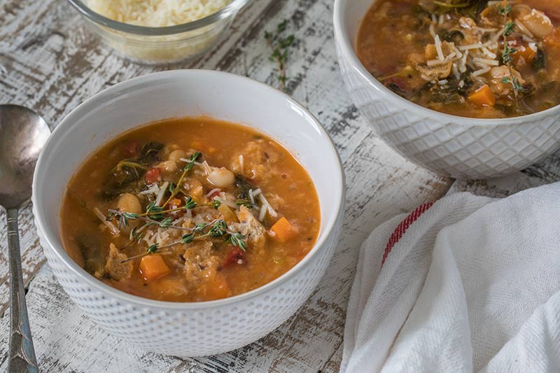 Pressure Cooker (Instant Pot) Ribollita served in two white bowls