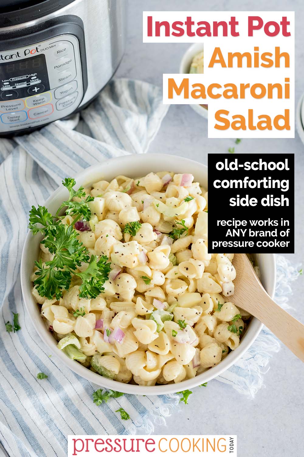 This EASY Instant Pot Amish Macaroni Salad features a tangy-sweet dressing poured over onions, celery, and pasta for the perfect BBQ tailgating side dish. via @PressureCook2da